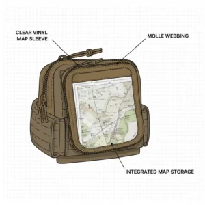 The front flap of the admin pouch open, revealing the integrated clear vinyl sleeve for map or document storage.