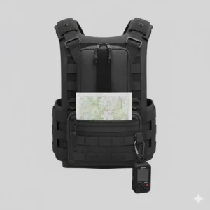 Image of a molle admin pouch in use, with a field map folded into the front pocket and a GPS device attached via the D-rings.
