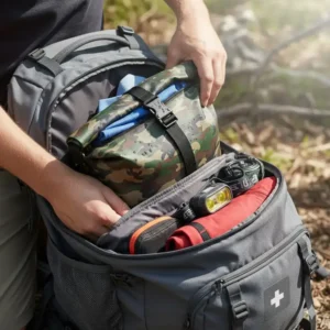 Interior shot of a large hiking backpack with a folded change of clothes being placed into a smaller camouflage dry bag for organized, dry storage.