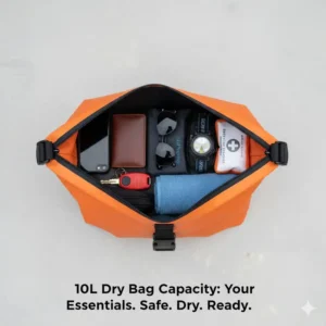 The typical contents of a 10l dry bag laid out—including a phone, wallet, keys, and small towel—to show the ample storage capacity.