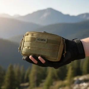 A person holding the small admin pouch in their hand to clearly demonstrate its practical, compact size and portability.