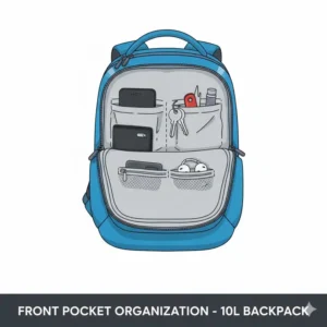 Organized front pocket of a 10l backpack displaying small items like keys, phone, and wallet clearly visible.