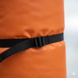 Close-up on the side of a 20l drybag where the compression strap is cinched down, illustrating how to minimize bulk and secure the contents.