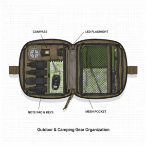 An admin pouch holding essential outdoor gear like a compass, flashlight, and notepad, demonstrating its utility for camping and hiking.