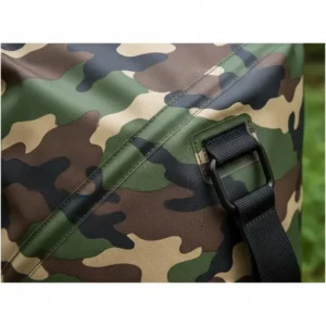 Close-up of the rugged camo dry bag material, highlighting the heavy-duty PVC and welded seams for extreme outdoor adventures.