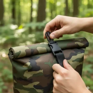 Detailed shot of the secure roll-top closure on the camo dry bag, showing how to properly seal it for a watertight finish.
