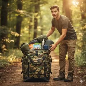 A 30L camo dry bag packed with gear next to a person, illustrating the large storage capacity for a weekend trip.