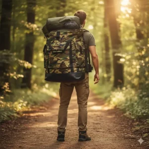 Person hiking with the camo dry bag worn as a comfortable backpack using the padded and adjustable shoulder straps.