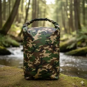 Full view of the distinct camouflage pattern on the large waterproof dry bag, perfect for blending into a wilderness setting.