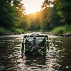 Rugged camo dry bag on the muddy bank of a river after a whitewater rafting trip, demonstrating its easy-to-clean exterior.