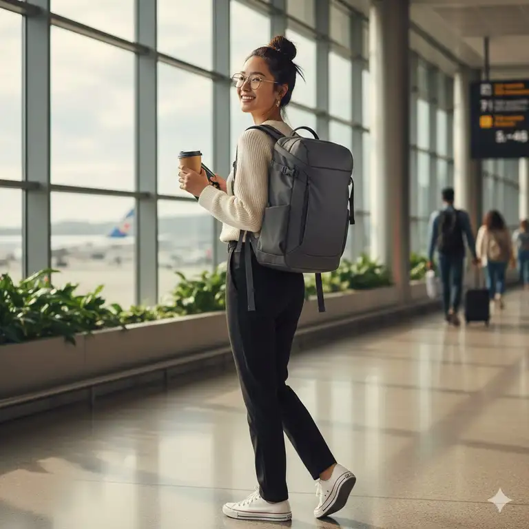 A traveler at the airport terminal carrying the best backpack for minimalist travel.
