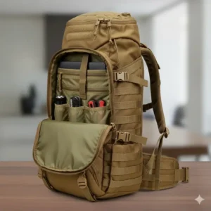 Interior shot of the coyote backpack showing large main compartment and organization pockets for gear storage.