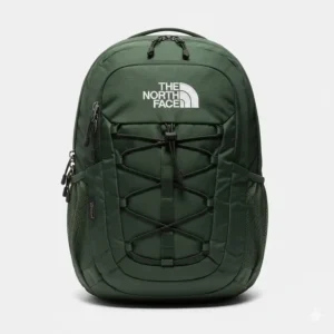 Front view showing the logo and bungee cords of a dark green north face backpack.