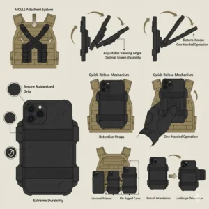 Close-up of the MOLLE attachment system for the phone holder for plate carrier, demonstrating secure and adaptable webbing integration.