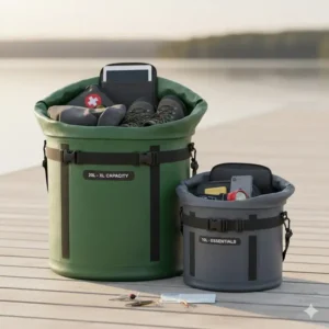 A 20L fishing dry bag next to a 10L version to show capacity for storing extra clothes and electronics.