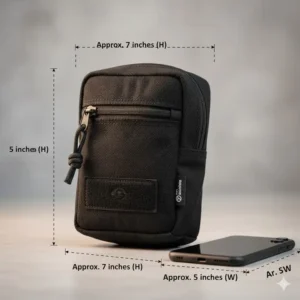 Image showing the compact dimensions of the small molle admin pouch next to a common item like a smartphone for scale.