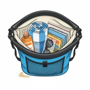 Close-up of the spacious interior of the waterproof beach backpack filled with beach essentials like towels and sunscreen.