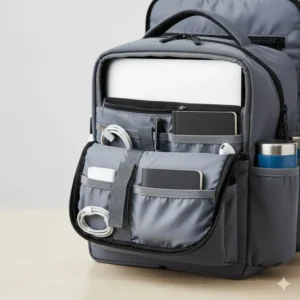 Close-up view showing a backpack insert safely holding a laptop, illustrating the padded sleeve for enhanced protection against bumps.