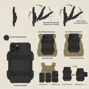 Illustration showing the adjustable viewing angle feature of the phone holder for plate carrier, allowing tilting for optimal user visibility.