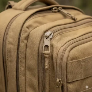 Close-up of heavy-duty, water-resistant zippers and durable 500D nylon material used on the coyote backpack.