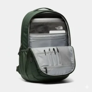 Detailed illustration of the internal laptop sleeve inside a dark green north face backpack.