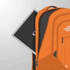 A laptop being placed into the padded sleeve of an orange backpack north face.