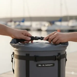 Close-up demonstration of a roll-top closure on a fishing dry bag to ensure a watertight seal.