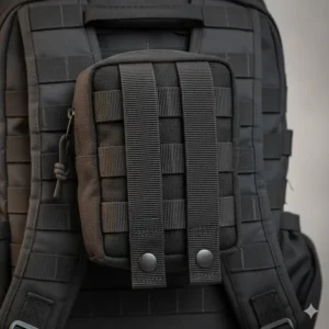 Close-up view of the MOLLE attachment system on the back of the small molle admin pouch, demonstrating secure fitting onto a tactical vest or backpack.