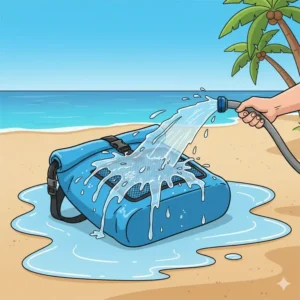 The durable material of the waterproof beach backpack repelling water droplets during a dry test near the shore.