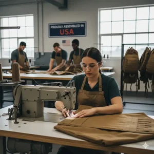 American skilled worker sewing a seam for the tactical backpack made in usa, demonstrating domestic manufacturing and quality control.