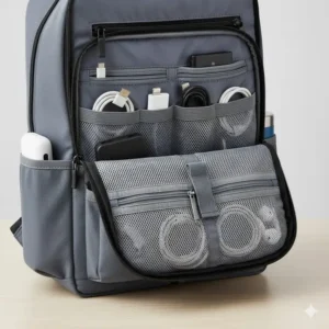 An open backpack insert with elastic loops and mesh pockets organized with chargers, cables, and power banks for superior cable management.