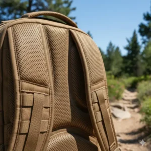 Detail of the ventilated and padded mesh back panel designed for comfort and airflow while wearing the coyote backpack.