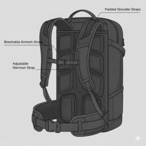 Close-up of ergonomic shoulder straps on the best backpack for minimalist travel.