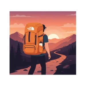 An adventurer hiking through the mountains wearing an orange backpack north face.