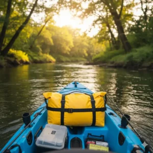 A yellow waterproof fishing dry bag secured to the back of a fishing kayak during a river trip.