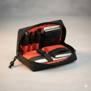 Detailed view of the interior of the small molle admin pouch, highlighting the elastic loops and organizational pockets for gear.