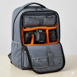 A specialized, modular backpack insert with adjustable velcro dividers, perfect for securely organizing DSLR camera bodies and lenses.