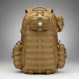 Coyote backpack front view highlighting the extensive MOLLE webbing system for attaching extra pouches and tactical gear.