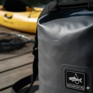 Close-up of the heavy-duty PVC material of a fishing dry bag showing its tear-resistant and waterproof texture.