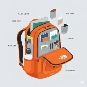 An interior view showing organized storage compartments of an orange backpack north face.