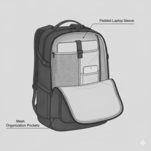Interior organization pockets and compartments of the best backpack for minimalist travel.