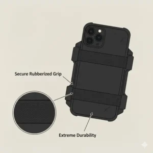 View of the secure rubberized grip and retention straps that firmly hold the mobile device within the phone holder for plate carrier.
