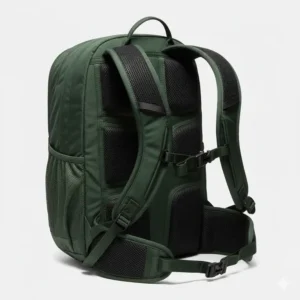 The ergonomic FlexVent shoulder straps of a dark green north face backpack.
