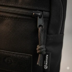 Macro shot of the rugged zipper and durable Cordura material used for the small molle admin pouch.