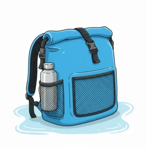 The side mesh pocket of the waterproof beach backpack securely holding a large reusable water bottle.