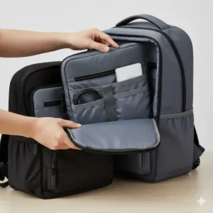 A person quickly transferring a fully packed backpack insert from a daypack to a larger travel bag, highlighting its versatility and ease of use.