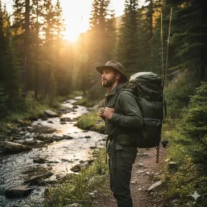 A fisherman wearing a fishing dry bag as a backpack while hiking to a remote mountain stream.