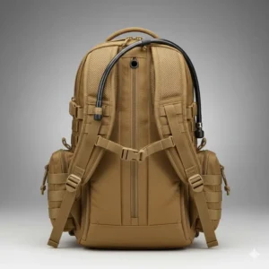 View of the dedicated hydration bladder sleeve and exit port on the tactical coyote backpack.