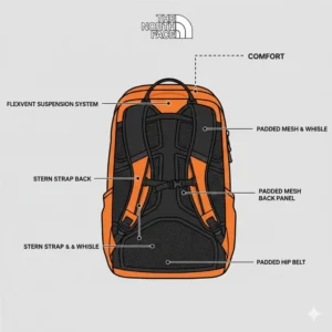 Close-up of the comfortable FlexVent shoulder straps on an orange backpack north face.
