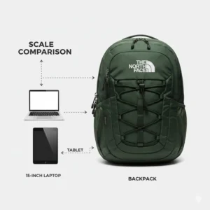 A scale diagram showing the dimensions and capacity of a dark green north face backpack.